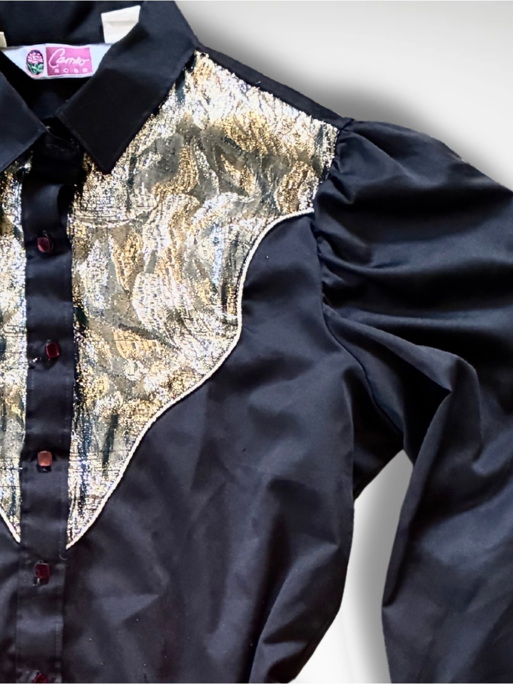 VTG 80s Black Puff Sleeve Blouse • Metallic Gold Dark Western Brocade Bib Yoke